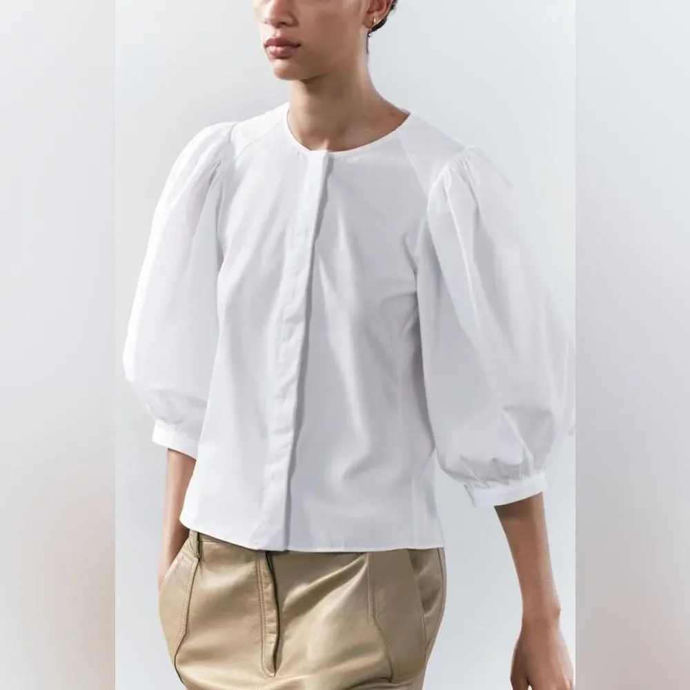 Zara Crisp Clean White Puff Sleeve Cotton Blouse M Vacation Chic Closet Staple